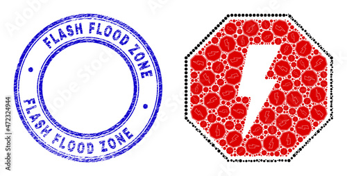 Vector stop electricity octagon icon collage is done of repeating recursive stop electricity octagon elements. Flash Flood Zone corroded blue round seal.