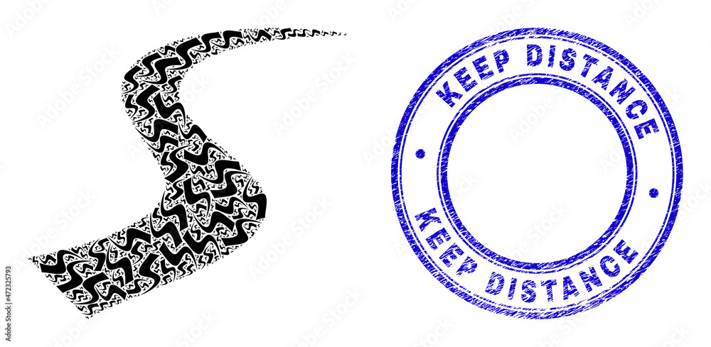 Vector route icon composition is made with randomized recursive route elements. Keep Distance rubber blue round seal. Recursive collage from route icon. Vector route icon composition is made with randomized recursive route elements. Keep Distance rubber blue round seal. Recursive collage from route icon.