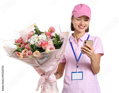 Female courier with bouquet...