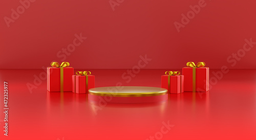 3d style product podium scene with red gift box with gold bow . merry christmas and chinese happy new year festive banner design, greeting card, 3d illustration rendering © mim232