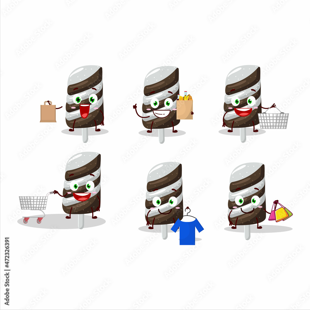 A Rich gummy candy chocolate milk mascot design style going shopping A Rich gummy candy chocolate milk mascot design style going shopping