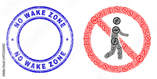 Vector stop pedestrian icon composition is constructed from random self stop pedestrian elements. No Wake Zone dirty blue round stamp seal. Recursive collage from stop pedestrian icon.