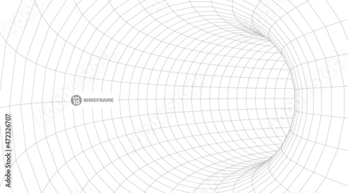 Abstract object in wireframe mesh tunnels. 3D illustration of a landscape concept. Digital cyberspace in the performance of lines and points. Isolated object. Data Array. Grid technology illustration