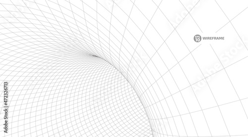 Fototapeta Naklejka Na Ścianę i Meble -  Abstract object in wireframe mesh tunnels. 3D illustration of a landscape concept. Digital cyberspace in the performance of lines and points. Isolated object. Data Array. Grid technology illustration