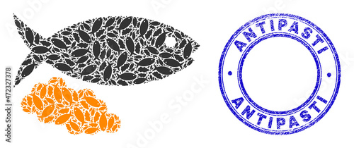 Vector fish caviar icon collage is formed with scattered recursive fish caviar elements. Antipasti rubber blue round stamp. Fractal collage of fish caviar icon.