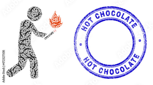 Vector fire arsonist icon composition is designed with random recursive fire arsonist elements. Hot Chocolate unclean blue round stamp seal. Recursive collage of fire arsonist icon.