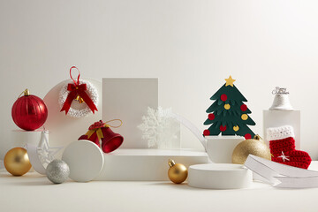 White podium with white background and christmas ornament decoration , front view , for product advertising , holiday content