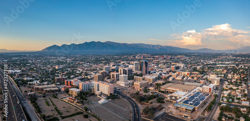 Large panorama of Tucson Arizona with Catalina Mountains in distance. Evening blue hour. 