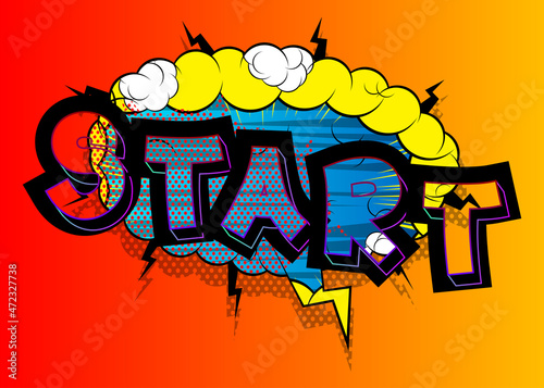 Start. Comic book word text on abstract comics background. Retro pop art style illustration.