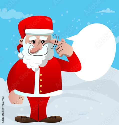 Santa Claus in his red clothes with white beard shows a you're nuts gesture by twisting his finger around his temple. Vector cartoon character illustration.
