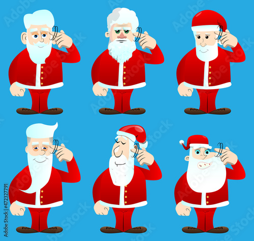 Santa Claus in his red clothes with white beard shows a you're nuts gesture by twisting his finger around his temple. Vector cartoon character illustration.