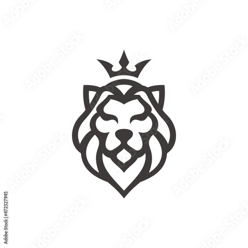 Outline line art linear lion head face hair mane and king crown crest vector logo icon