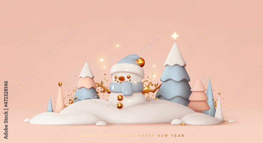 Christmas background. Realistic 3d Christmas trees, colorful winter landscape, funny snowman in snow. Happy new year festive abstract design. Soft pastel color blue and pink white. Vector illustration - obrazy, fototapety, plakaty 