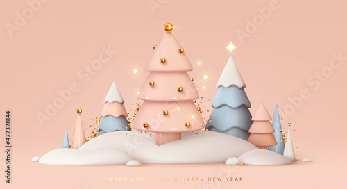 Christmas trees in snow drifts festive realistic 3d new year composition. Soft pastel color blue and pink white. Xmas minimal abstract background. Vector illustration