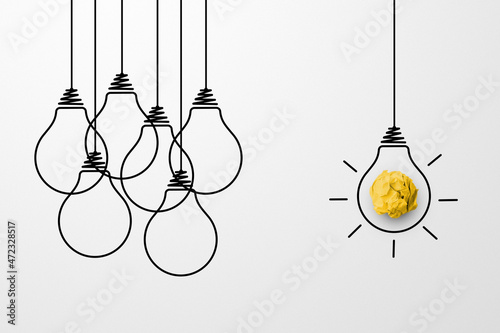 Creative thinking ideas and innovation concept. Paper scrap ball yellow colour with light bulb symbol on white background