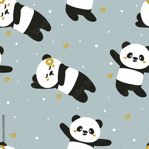 seamless pattern cute cartoon panda and blue sky. for fabric print, gift wrapping paper