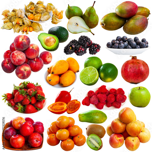 Many different types of fruits. Isolated over white background.