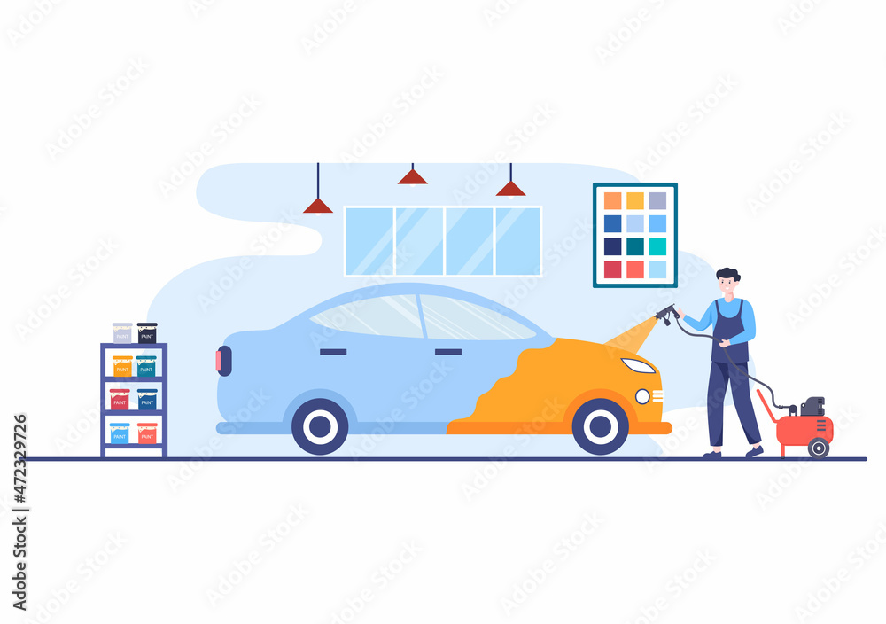 Car Painting Machine with Equipment a Paint, Airbrush or Spray Gun to the Vehicle Body for Give it a New Color in Flat Vector Illustration