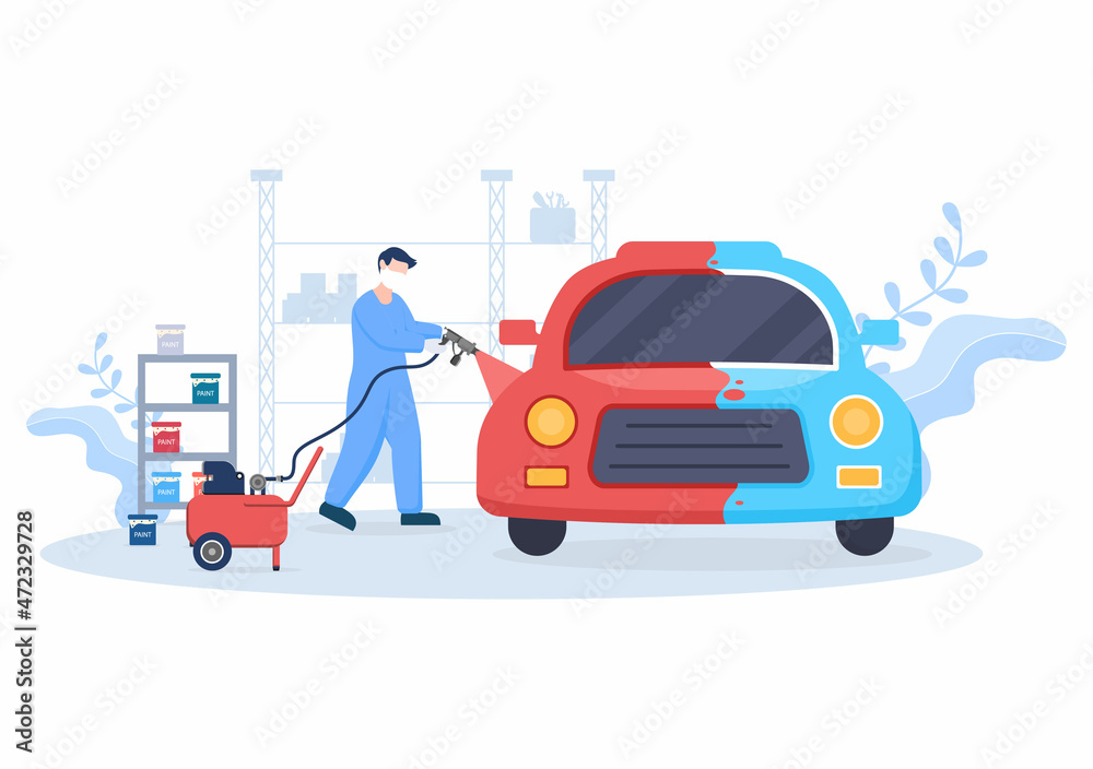 Car Painting Machine with Equipment a Paint, Airbrush or Spray Gun to the Vehicle Body for Give it a New Color in Flat Vector Illustration Car Painting Machine with Equipment a Paint, Airbrush or Spray Gun to the Vehicle Body for Give it a New Color in Flat Vector Illustration