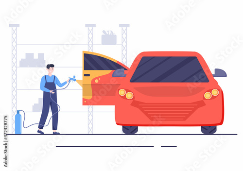 Car Painting Machine with Equipment a Paint, Airbrush or Spray Gun to the Vehicle Body for Give it a New Color in Flat Vector Illustration