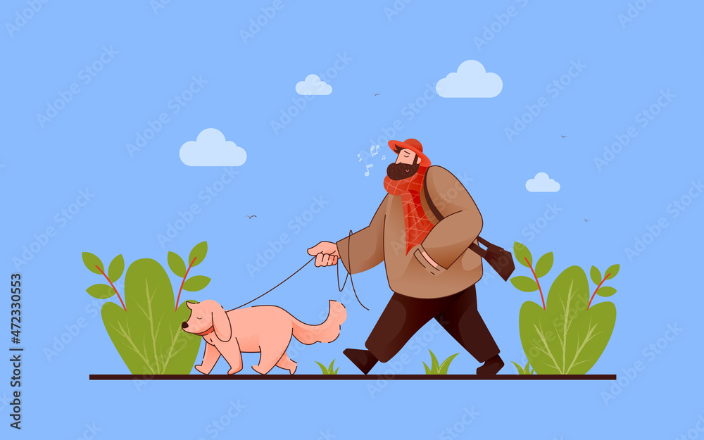 Old man and his dog walking in the sunset conceptual flat illustration. Creative simple flat illustration.