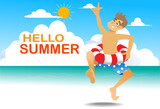 Hello summer concept. A man enjoy and happiness in summer holiday template. vrector