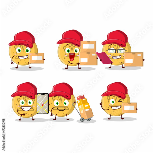 Cartoon character design of dalgona candy king working as a courier
