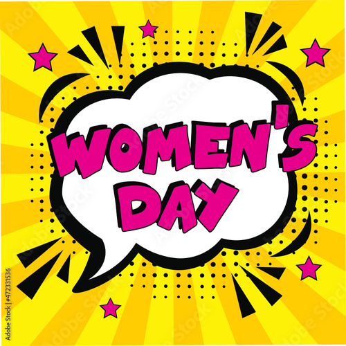 Happy women's day. comic book explosion with text - women's day. 8 march happy women's day, international holiday. Pop art chat wow text box cloud. Greeting sticker label woman's mothers day.