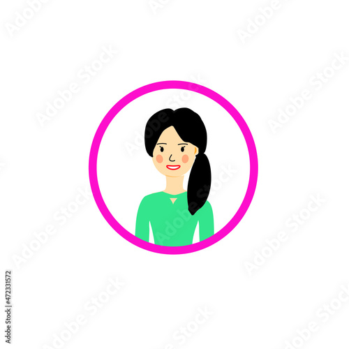 avatar of a beautiful woman with black hair with a ponytail, flat icon isolated on a white background