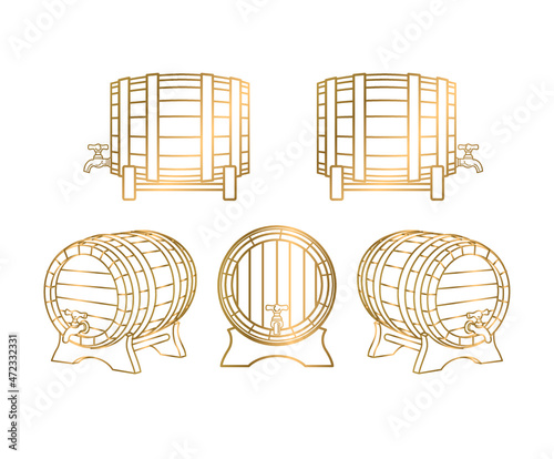 Vector illustration of wooden cask or barrels set. gold Front, side of beer and wine storage tank on stand with tap stacked. line hand drawn style.