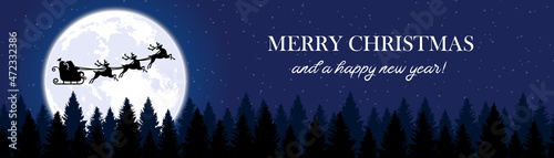 Merry christmas and happy new year card. Christmas sleigh on moon night forest background silhouette. vector graphic