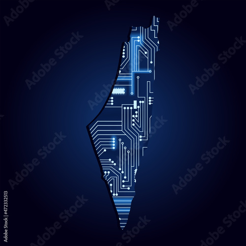 Contour map of Palestine State with a technological electronics circuit.
