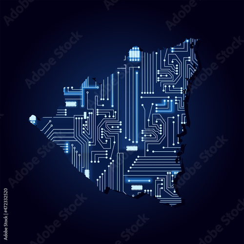 Contour map of Nicaragua with a technological electronics circuit.