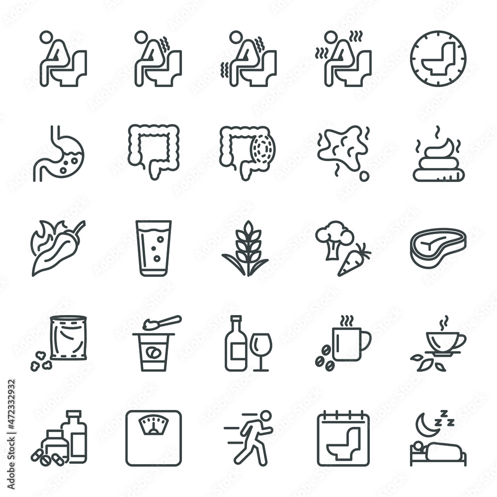 Cause, effect, and prevention of constipation or digestive system. Vector line icons Cause, effect, and prevention of constipation or digestive system. Vector line icons