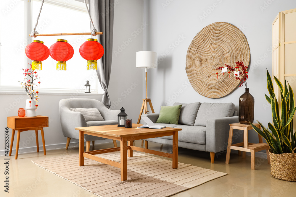 Interior of living room decorated for Chinese New Year celebration