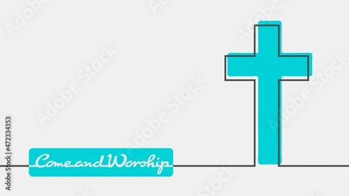 Cross and come and worship text in thin lines style