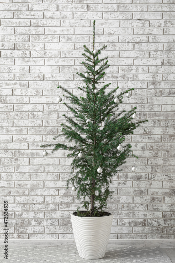 Beautiful decorated Christmas tree in pot near light brick wall Beautiful decorated Christmas tree in pot near light brick wall