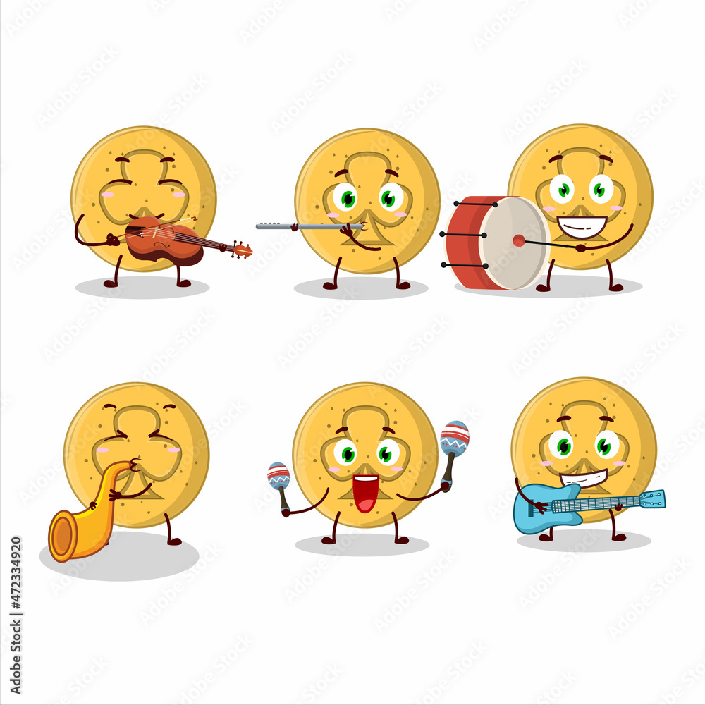 Cartoon character of dalgona candy trefoils playing some musical instruments Cartoon character of dalgona candy trefoils playing some musical instruments