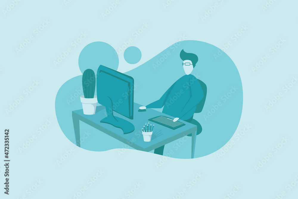Flat design illustration of a man working with his computer at a desk in turquoise tone Flat design illustration of a man working with his computer at a desk in turquoise tone