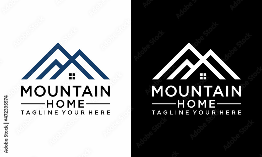 House mountain logo design. Vector illustration of minimalist villa house mountain icon design. Modern logo design with line art style. on a black and white background.