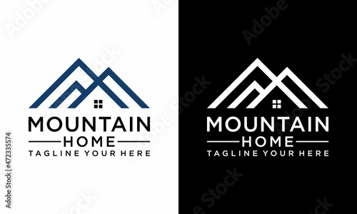House mountain logo design. Vector illustration of minimalist villa house mountain icon design. Modern logo design with line art style. on a black and white background.