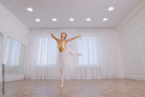 Beautifully dressed little ballerina dancing in studio