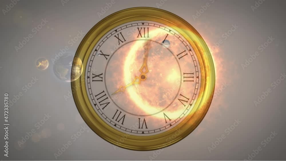 Animation of solar systems, planets and space over clock ticking Animation of solar systems, planets and space over clock ticking