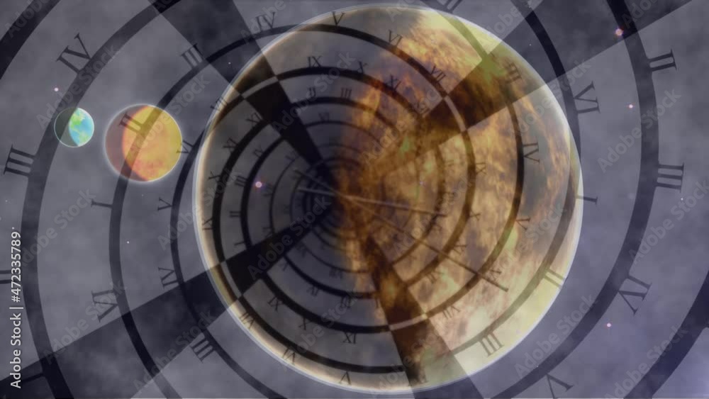 Animation of solar systems, planets and space over clock ticking Animation of solar systems, planets and space over clock ticking