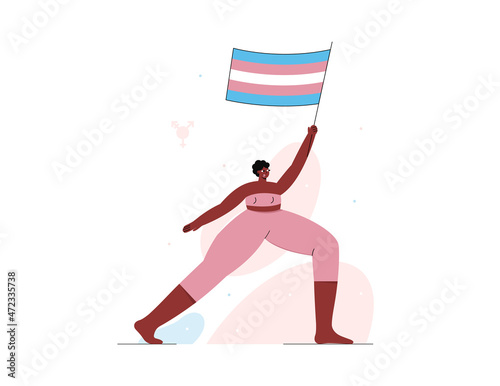 Flat vector illustration. African-american person holds transgender flag at street demonstration in support of LGBT rights. photo