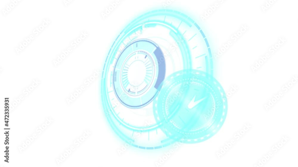Animation of clock moving fast and scope scanning on white background