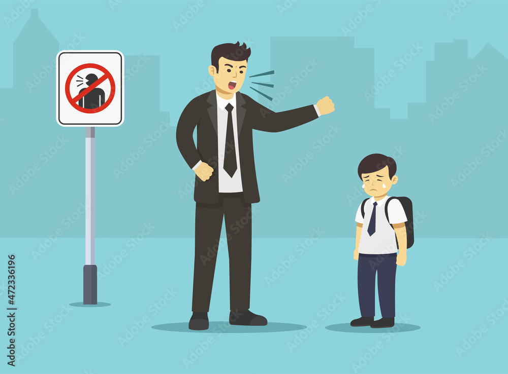 Isolated angry young male character yelling at his kid beside 'no yelling' sign.Bad manners and behavior.Sad school boy crying after his dad shouting at him.Flat vector illustration template.