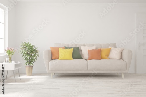 Modern living room in white color with sofa. Scandinavian interior design. 3D illustration
