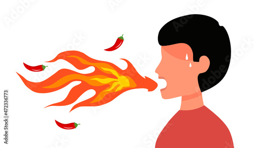 Man eating hot spicy food concept vector illustration on white background. Red hot flame come from guy mouth in flat design.