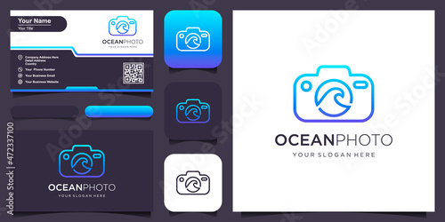 wave photo logo, wave with camera design vector simple elegant modern style.